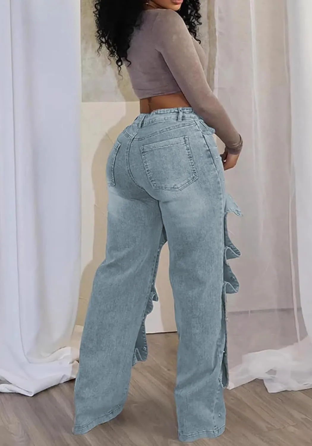 LETSVDO Women's High Waisted Cargo Jeans Straight Wide Leg Baggy Detachable Patchwork Asymmetrical Stretch Denim Pants