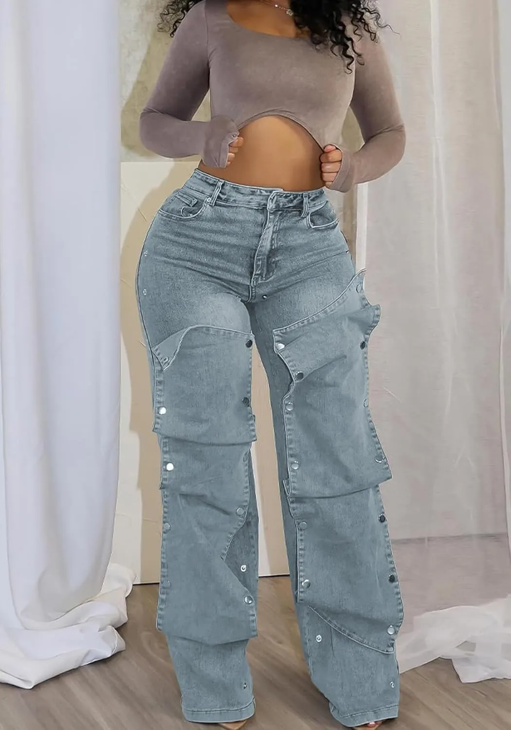 LETSVDO Women's High Waisted Cargo Jeans Straight Wide Leg Baggy Detachable Patchwork Asymmetrical Stretch Denim Pants