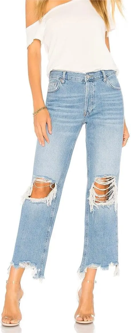 LifeShe Women's Ripped Jeans Casual Mid Rise Straight Leg Denim Pants Raw Hem Cropped Jeans