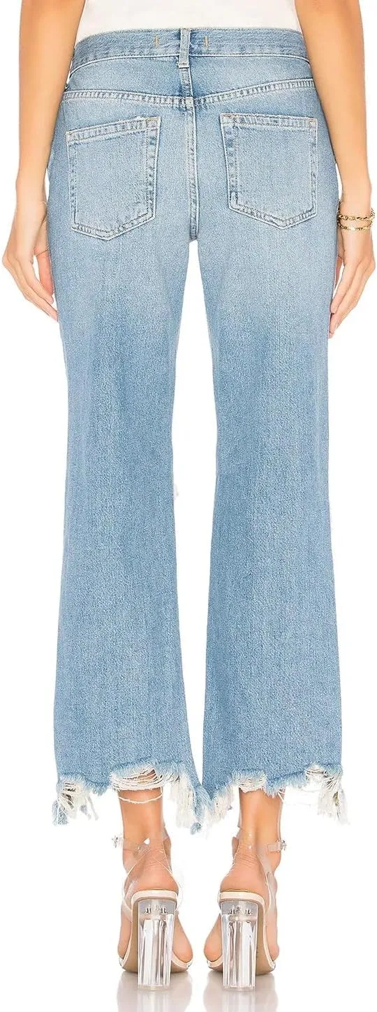 LifeShe Women's Ripped Jeans Casual Mid Rise Straight Leg Denim Pants Raw Hem Cropped Jeans