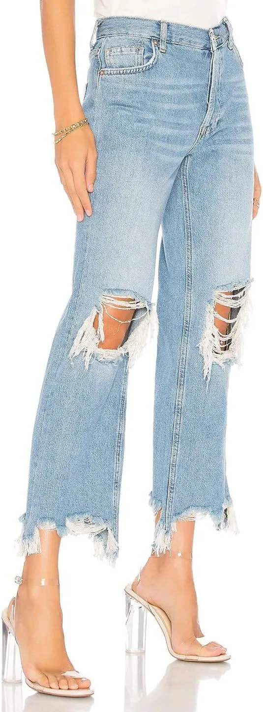 LifeShe Women's Ripped Jeans Casual Mid Rise Straight Leg Denim Pants Raw Hem Cropped Jeans