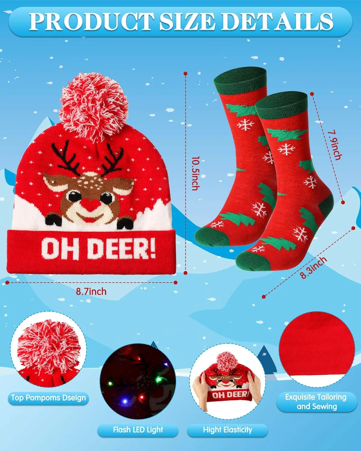 Liitrsh 3 Pack Christmas Reindeer Light Up Ugly Sweaters for Women 2024 Knitted Xmas Reindeer Hat Socks for Adults Holiday