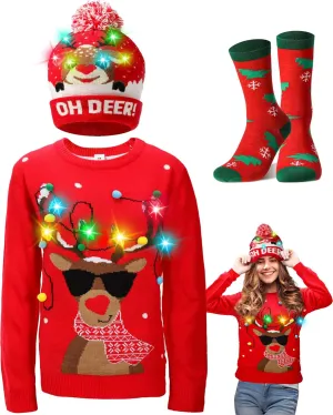 Liitrsh 3 Pack Christmas Reindeer Light Up Ugly Sweaters for Women 2024 Knitted Xmas Reindeer Hat Socks for Adults Holiday