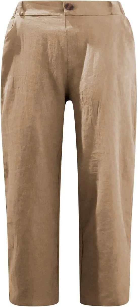 Linen Capri Pants for Women Knee Length Casual Summer Trendy Baggy Beachwear Wide Leg Cropped Trousers with Pockets