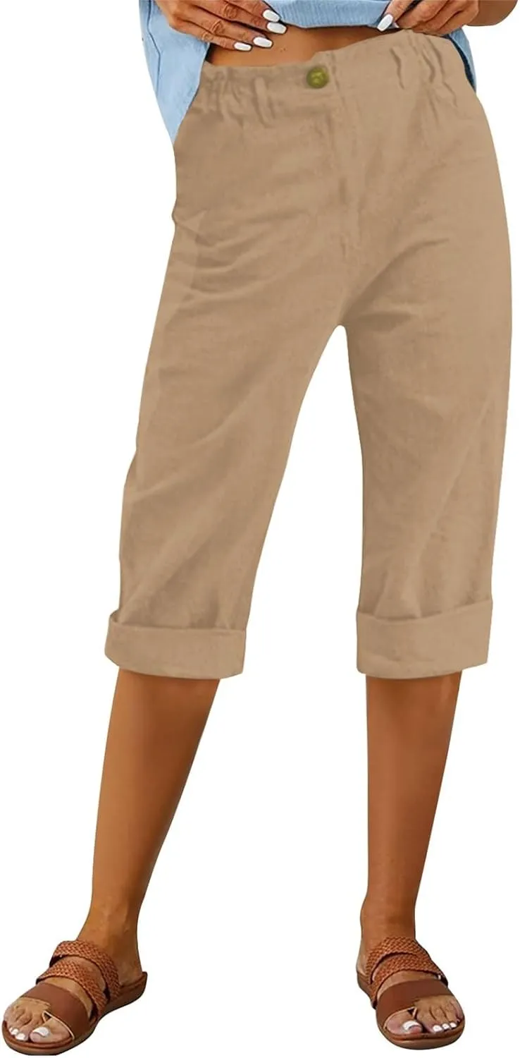 Linen Capri Pants for Women Knee Length Casual Summer Trendy Baggy Beachwear Wide Leg Cropped Trousers with Pockets