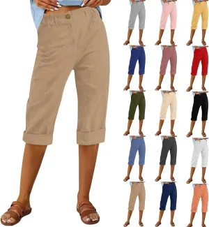 Linen Capri Pants for Women Knee Length Casual Summer Trendy Baggy Beachwear Wide Leg Cropped Trousers with Pockets