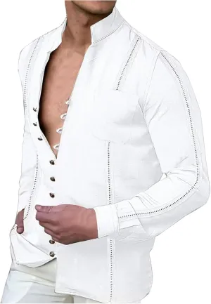 Linen Dress Shirt Men Long Sleeve Band Collar Button Down Cotton Solid Color Tees Tops Fashion Beach Casual Blouse