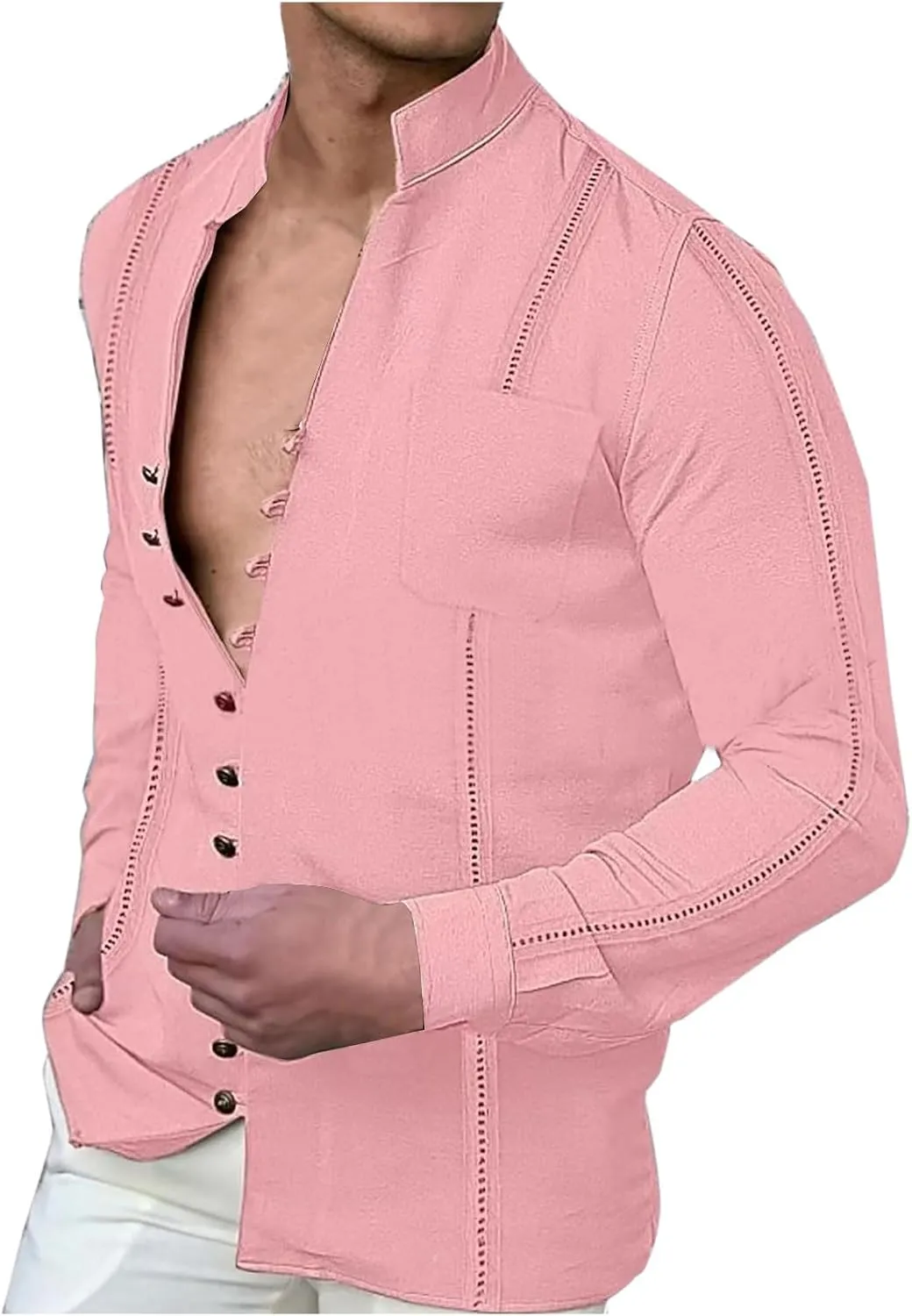 Linen Dress Shirt Men Long Sleeve Band Collar Button Down Cotton Solid Color Tees Tops Fashion Beach Casual Blouse