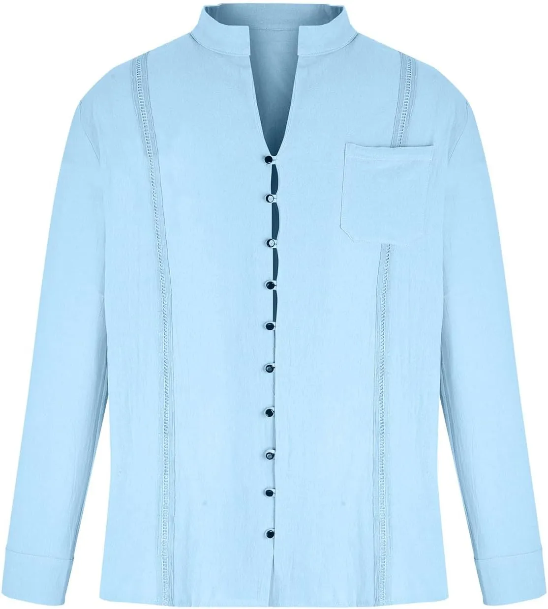 Linen Dress Shirt Men Long Sleeve Band Collar Button Down Cotton Solid Color Tees Tops Fashion Beach Casual Blouse