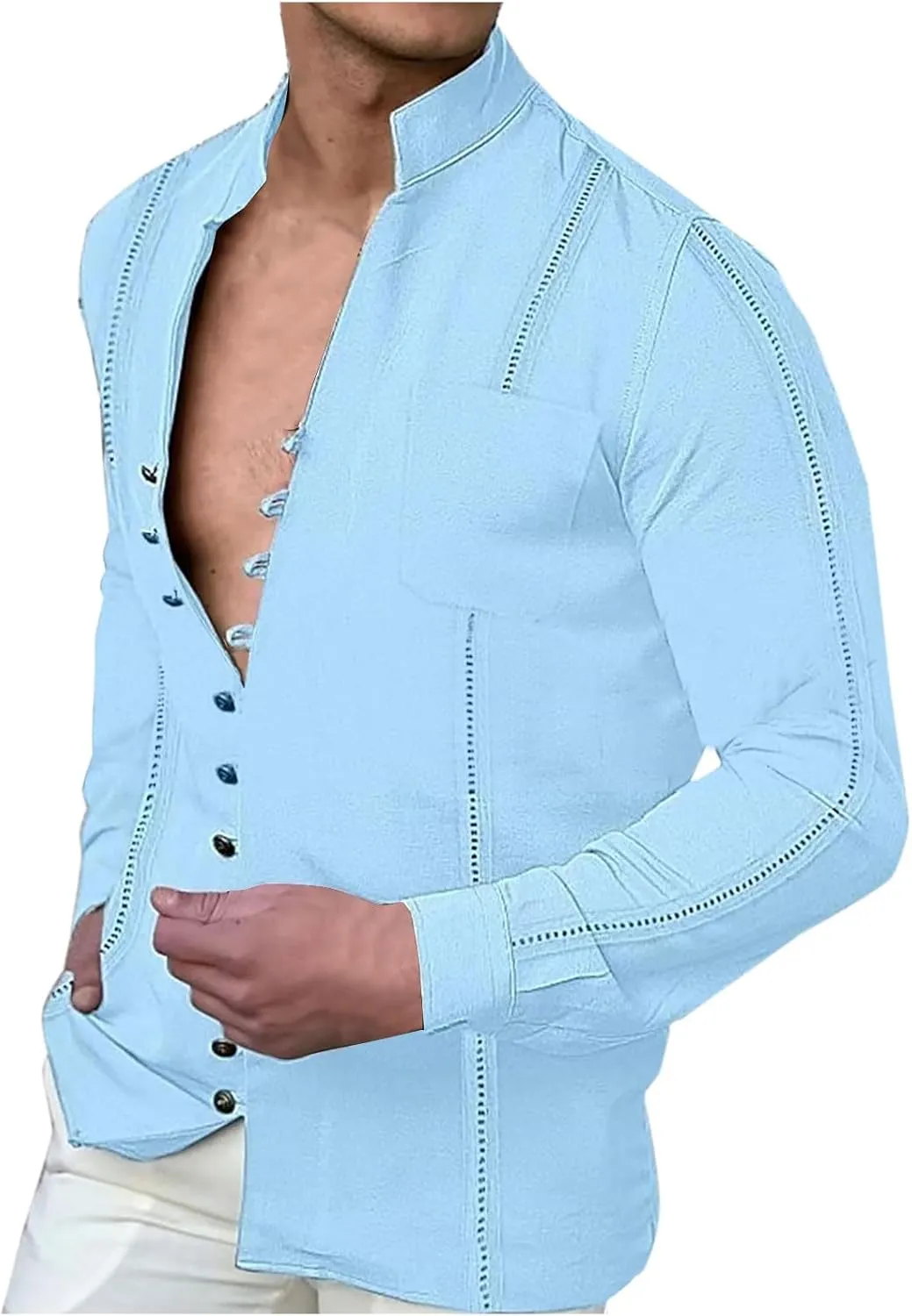Linen Dress Shirt Men Long Sleeve Band Collar Button Down Cotton Solid Color Tees Tops Fashion Beach Casual Blouse
