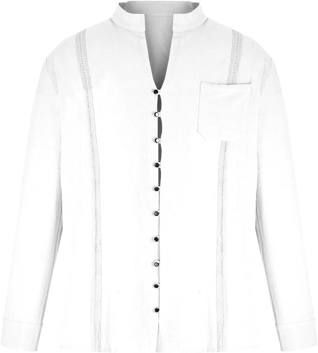 Linen Dress Shirt Men Long Sleeve Band Collar Button Down Cotton Solid Color Tees Tops Fashion Beach Casual Blouse