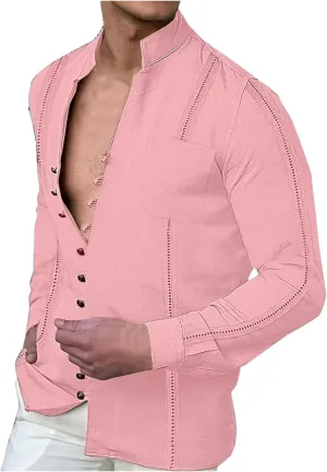 Linen Dress Shirt Men Long Sleeve Band Collar Button Down Cotton Solid Color Tees Tops Fashion Beach Casual Blouse