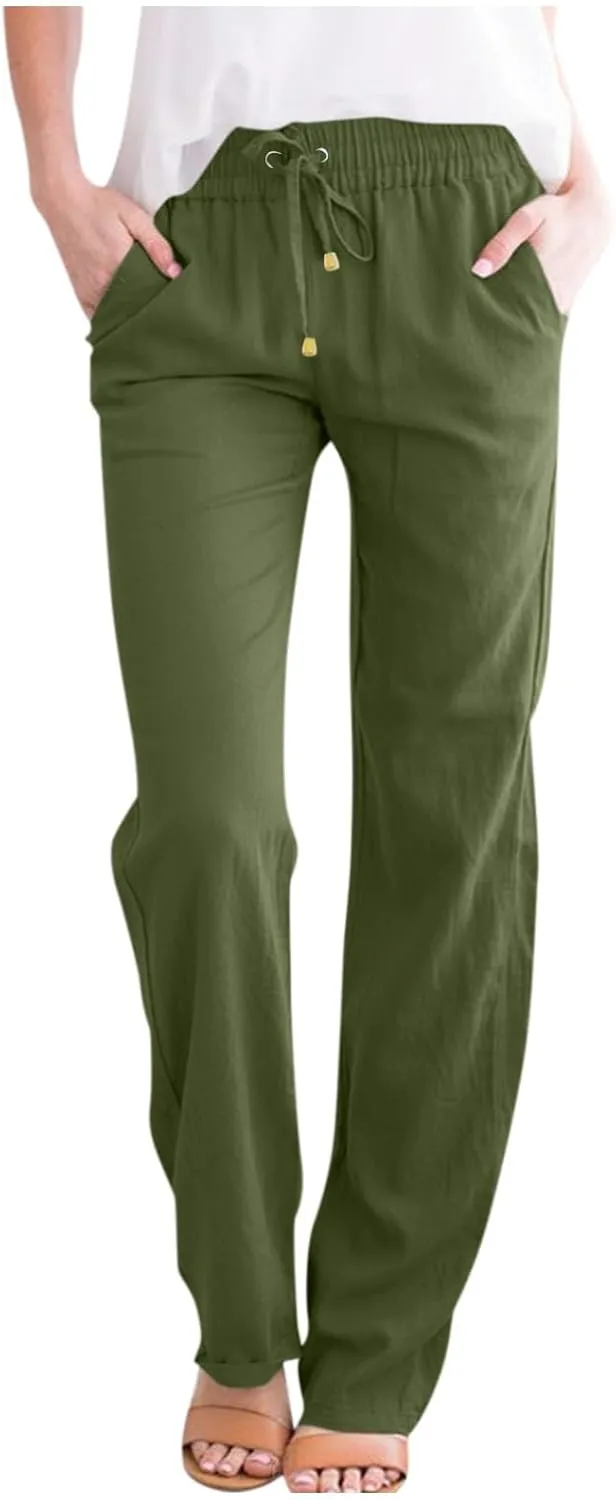 Linen Pants Women 2025 Summer Drawstring Pants Casual Loose Wide Leg Lounge Pants for Beach Travel Vacation