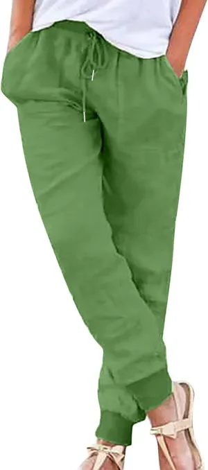 Linen Pants Women Jogger Pants Elastic Waist Drawstring Pants Tapered Leg Pants Lightweight Pants Trousers with Pockets