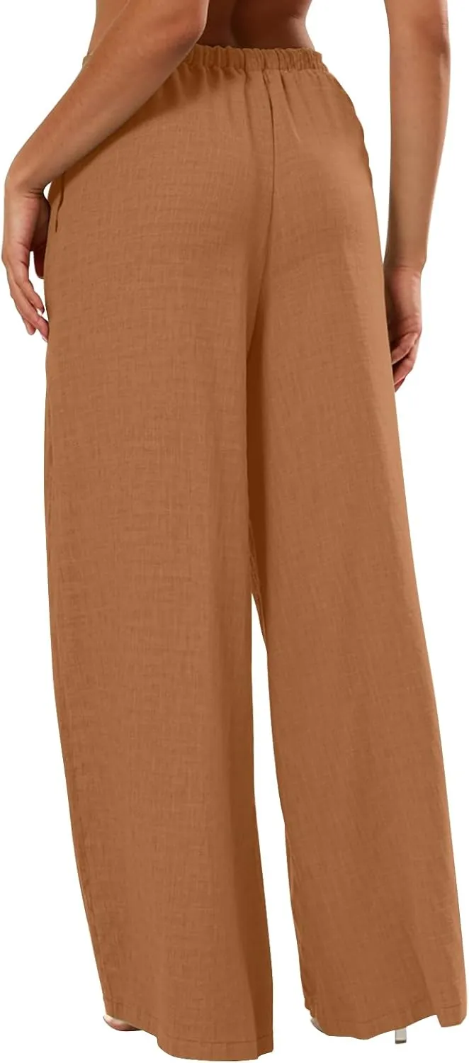 Linen Pants Women Summer Drawstring High Waisted Wide Leg Yoga Pants with Pockets Holiday Boho Beach Palazzo Pants