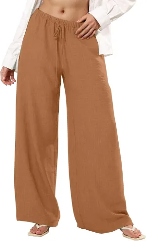 Linen Pants Women Summer Drawstring High Waisted Wide Leg Yoga Pants with Pockets Holiday Boho Beach Palazzo Pants