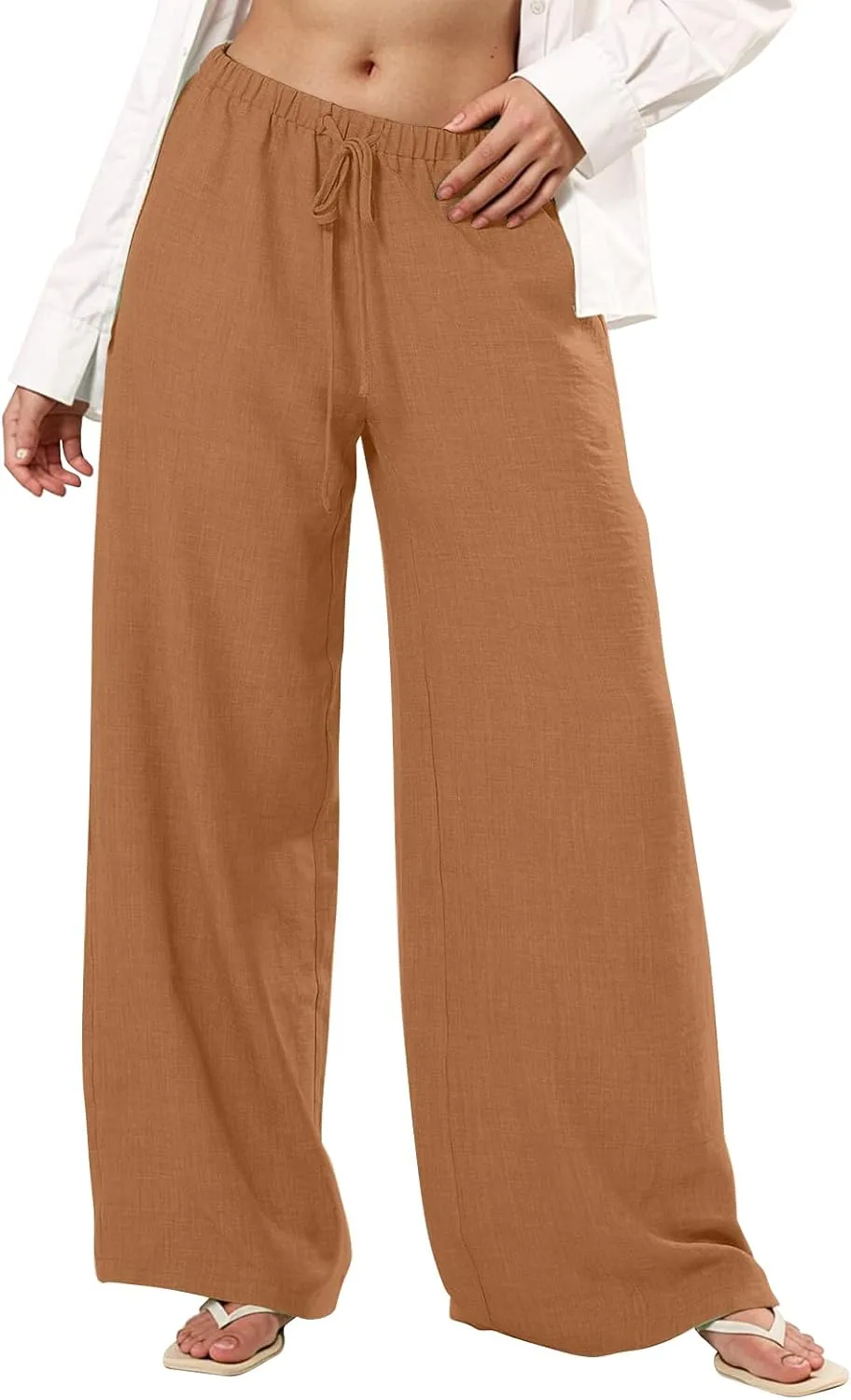Linen Pants Women Summer Drawstring High Waisted Wide Leg Yoga Pants with Pockets Holiday Boho Beach Palazzo Pants