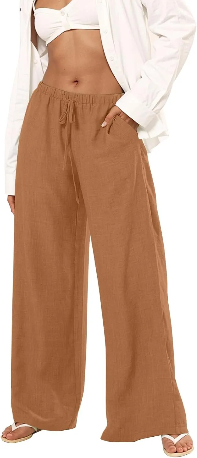 Linen Pants Women Summer Drawstring High Waisted Wide Leg Yoga Pants with Pockets Holiday Boho Beach Palazzo Pants