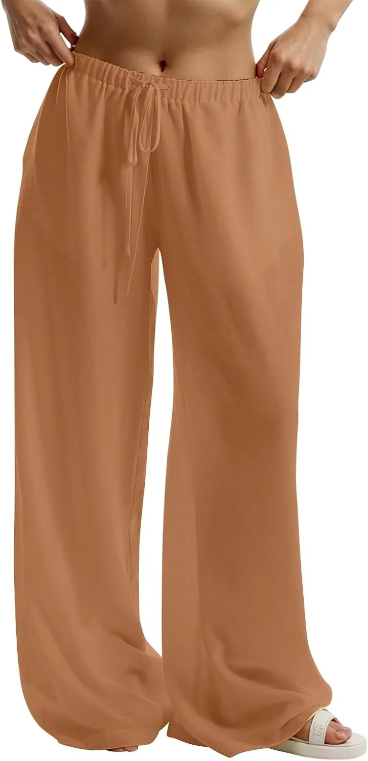Linen Pants Women Summer Drawstring High Waisted Wide Leg Yoga Pants with Pockets Holiday Boho Beach Palazzo Pants