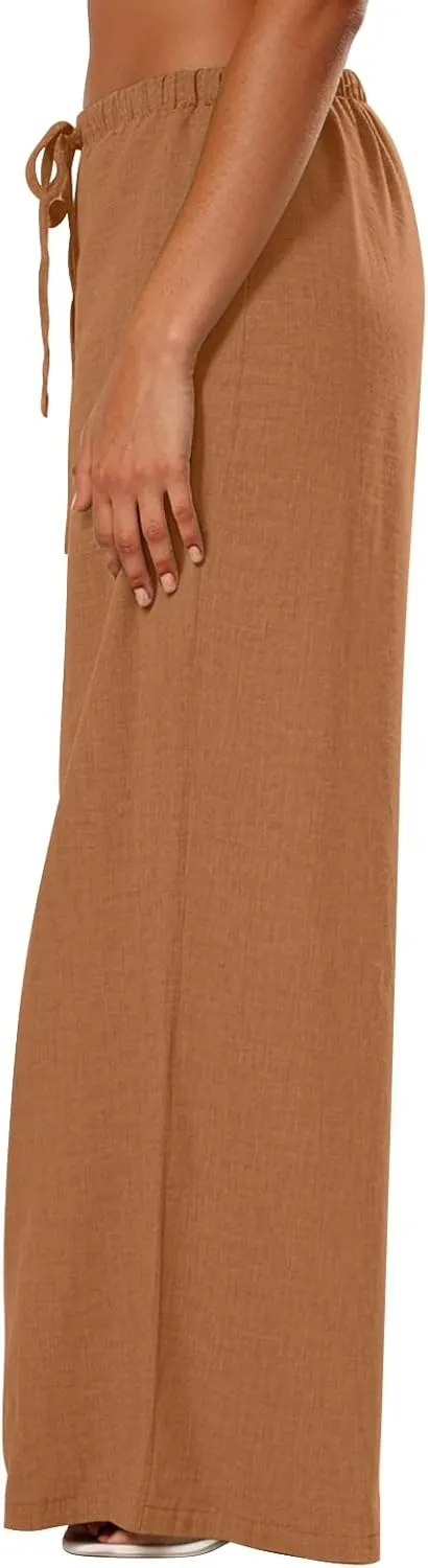 Linen Pants Women Summer Drawstring High Waisted Wide Leg Yoga Pants with Pockets Holiday Boho Beach Palazzo Pants