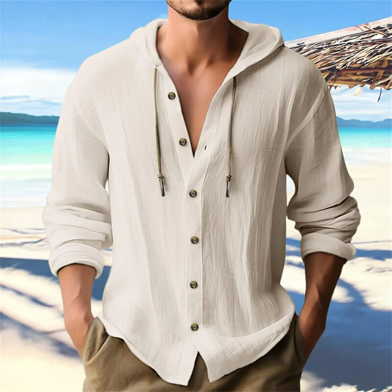 Linen Shirts for Men Lightweight Hoodie 2025 Long Sleeve Loose Fit Breathable Sports Button Big Tall Party Tops