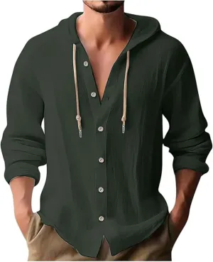 Linen Shirts for Men Lightweight Hoodie 2025 Long Sleeve Loose Fit Breathable Sports Button Big Tall Party Tops
