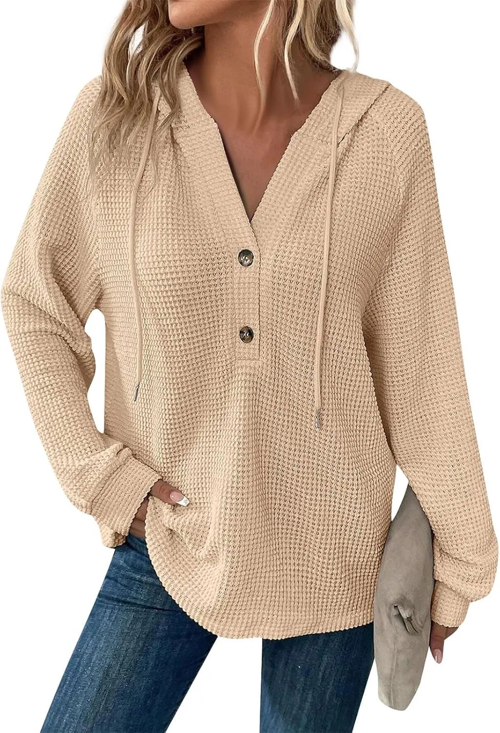 Long Sleeve Shirts for Women Waffle Knit Tunic Sweater Tops Casual Button Down Blouses Top Soft Hooded Sweatshirts