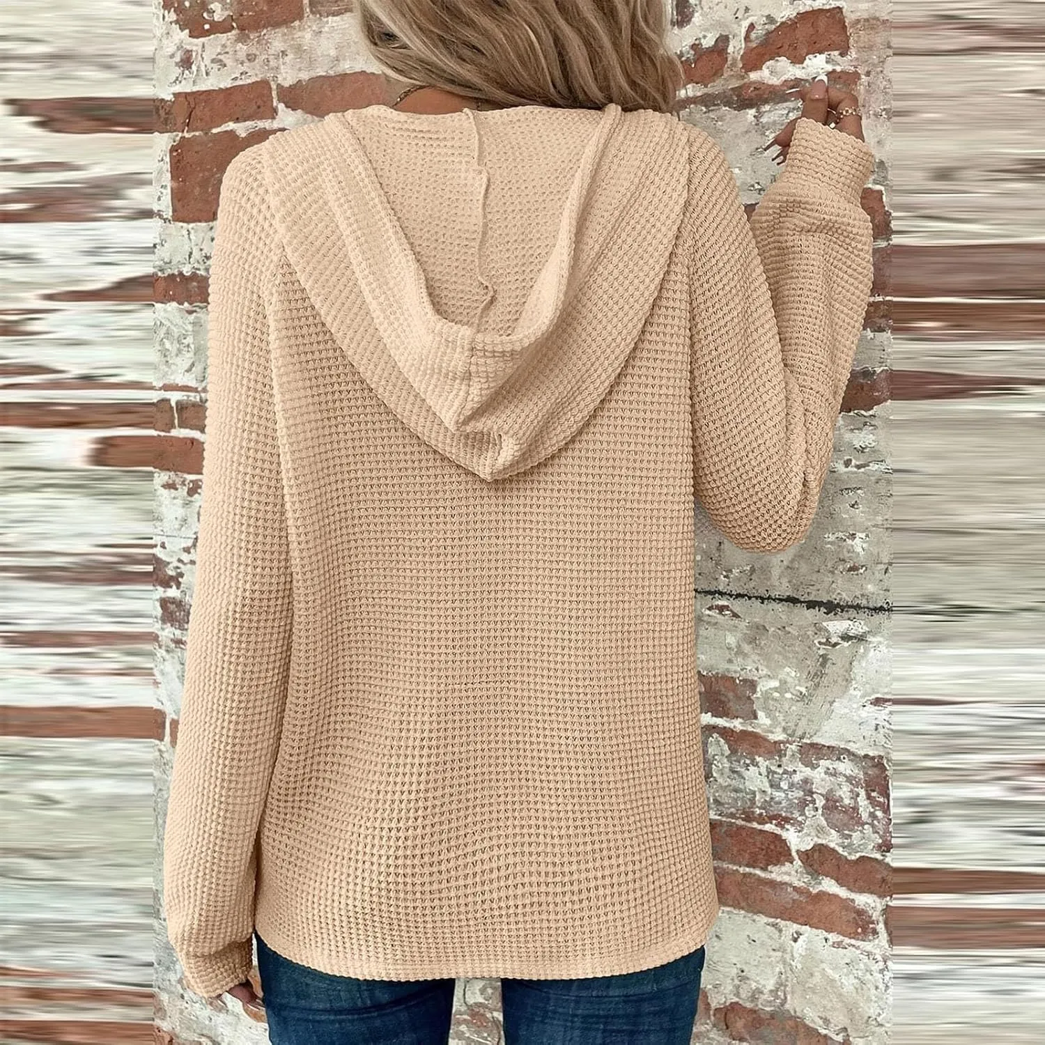 Long Sleeve Shirts for Women Waffle Knit Tunic Sweater Tops Casual Button Down Blouses Top Soft Hooded Sweatshirts