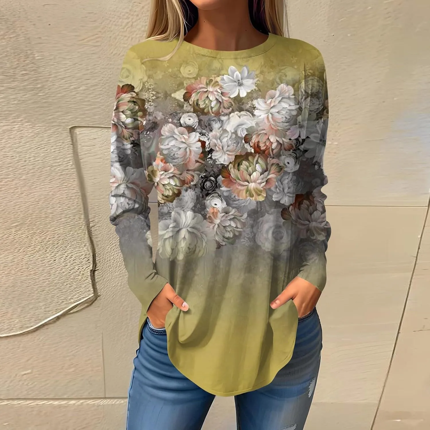 Long Sleeve T Shirts for Women Crewneck Printed Shirt Casual Pullovers Tunic Fashion Tops Comfy Fall Sweatshirts