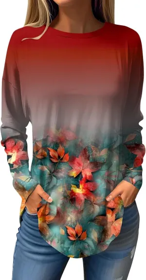 Long Sleeve T Shirts for Women Crewneck Printed Shirt Casual Pullovers Tunic Fashion Tops Comfy Fall Sweatshirts