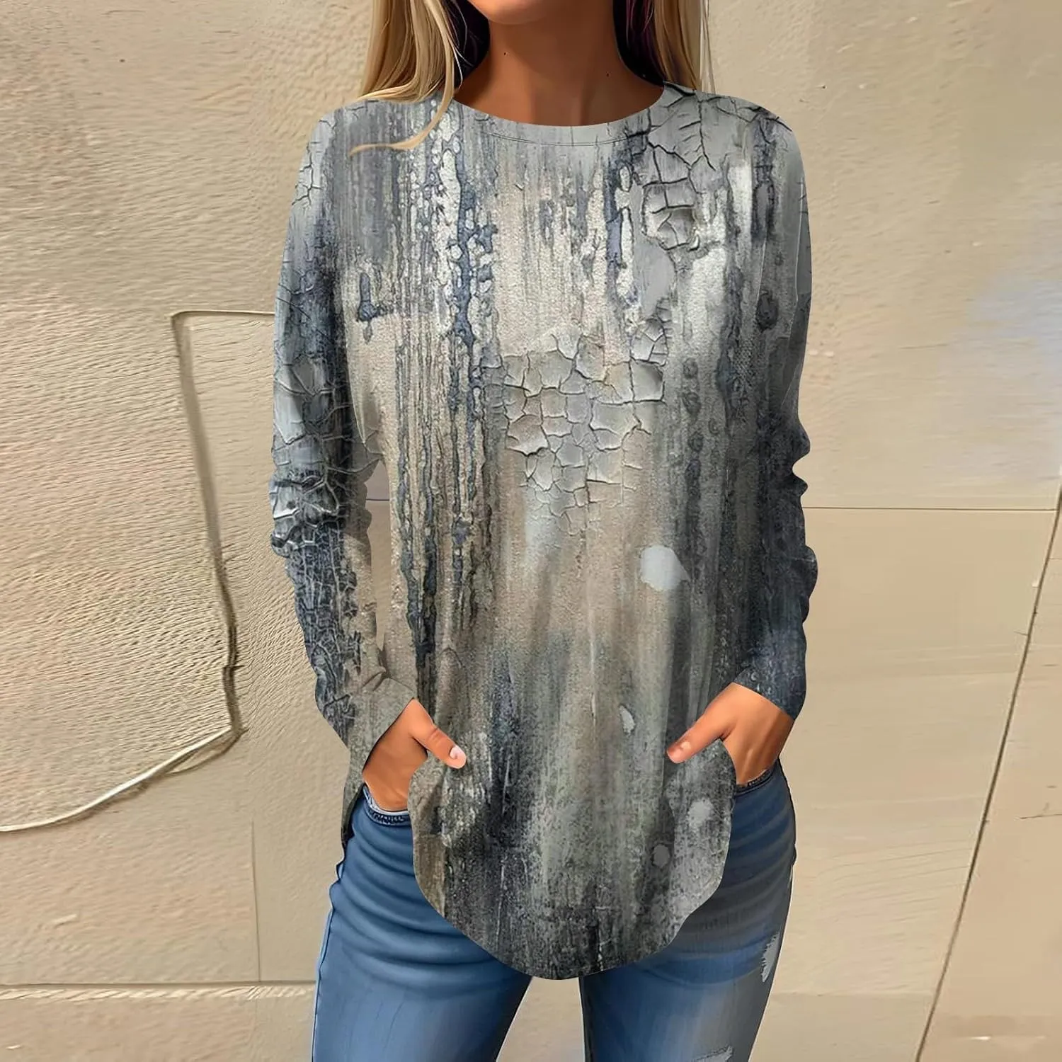 Long Sleeve T Shirts for Women Crewneck Printed Shirt Casual Pullovers Tunic Fashion Tops Comfy Fall Sweatshirts