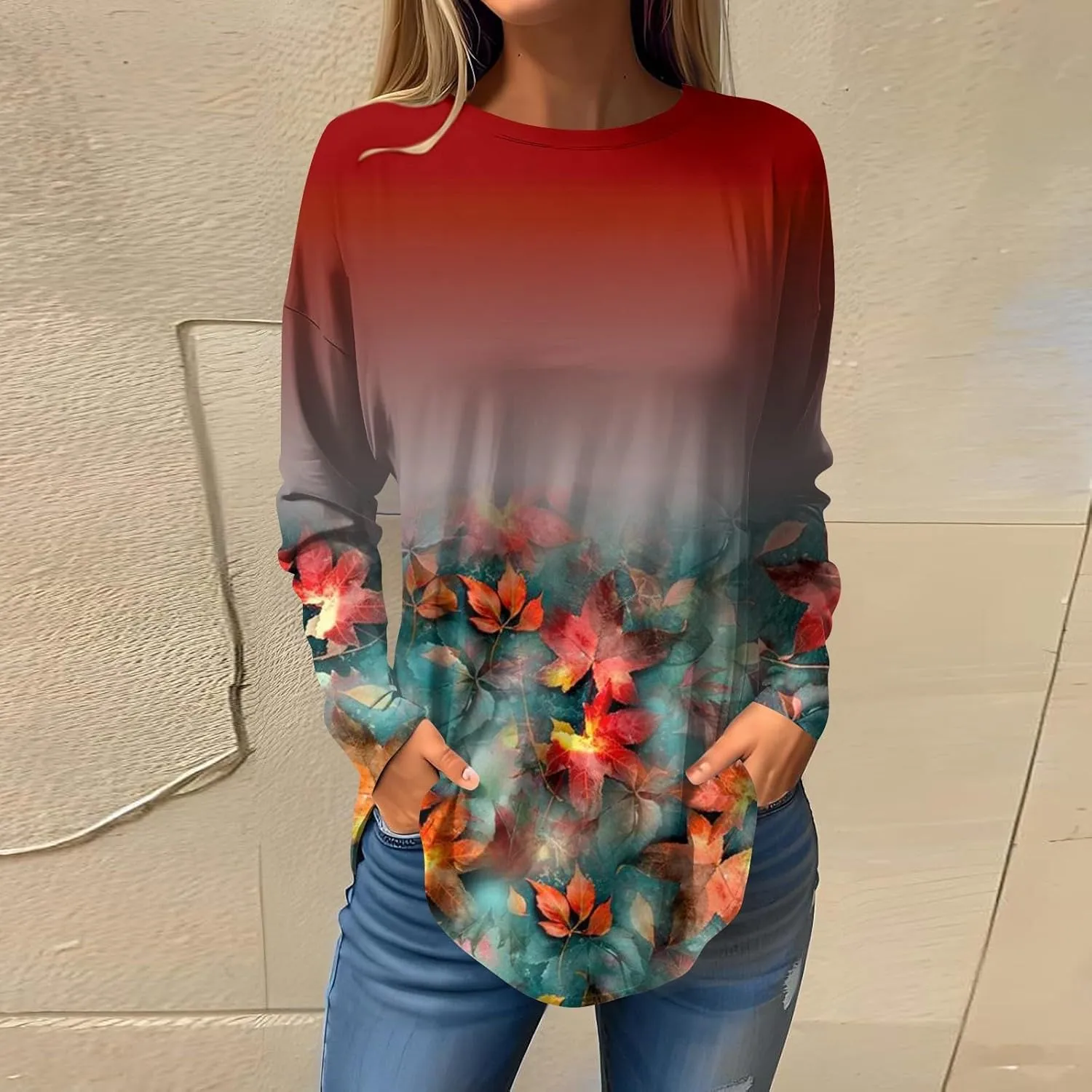 Long Sleeve T Shirts for Women Crewneck Printed Shirt Casual Pullovers Tunic Fashion Tops Comfy Fall Sweatshirts