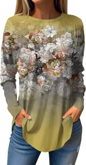 Long Sleeve T Shirts for Women Crewneck Printed Shirt Casual Pullovers Tunic Fashion Tops Comfy Fall Sweatshirts
