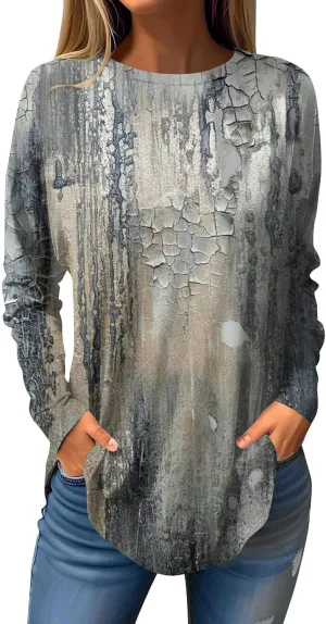 Long Sleeve T Shirts for Women Crewneck Printed Shirt Casual Pullovers Tunic Fashion Tops Comfy Fall Sweatshirts