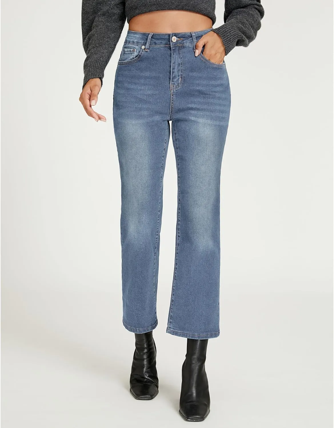 LookbookStore Cropped Jeans for Women High Waisted 90s Baggy Straight Stretchy Denim Pants Trendy Jeans with Pockets