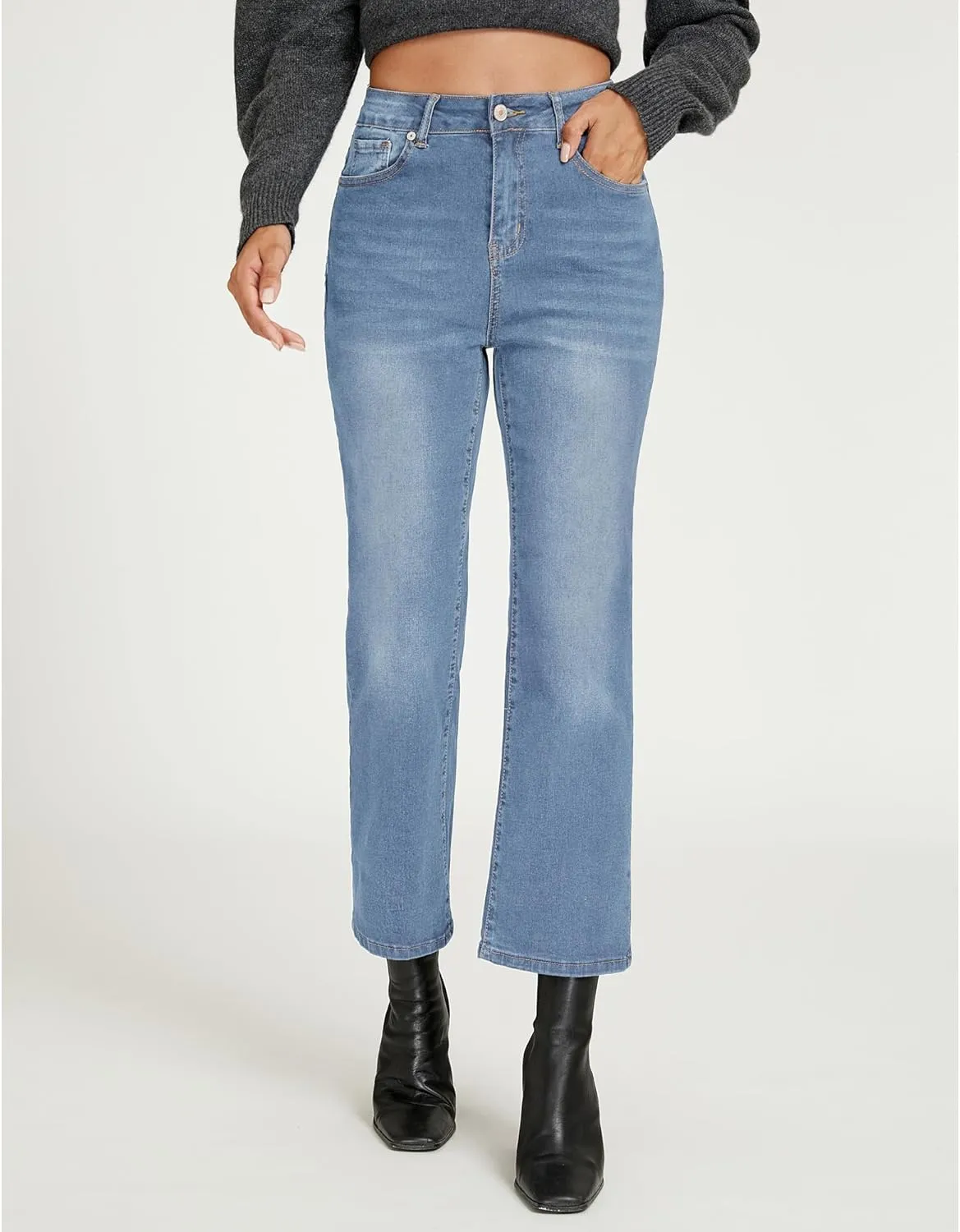 LookbookStore Cropped Jeans for Women High Waisted 90s Baggy Straight Stretchy Denim Pants Trendy Jeans with Pockets