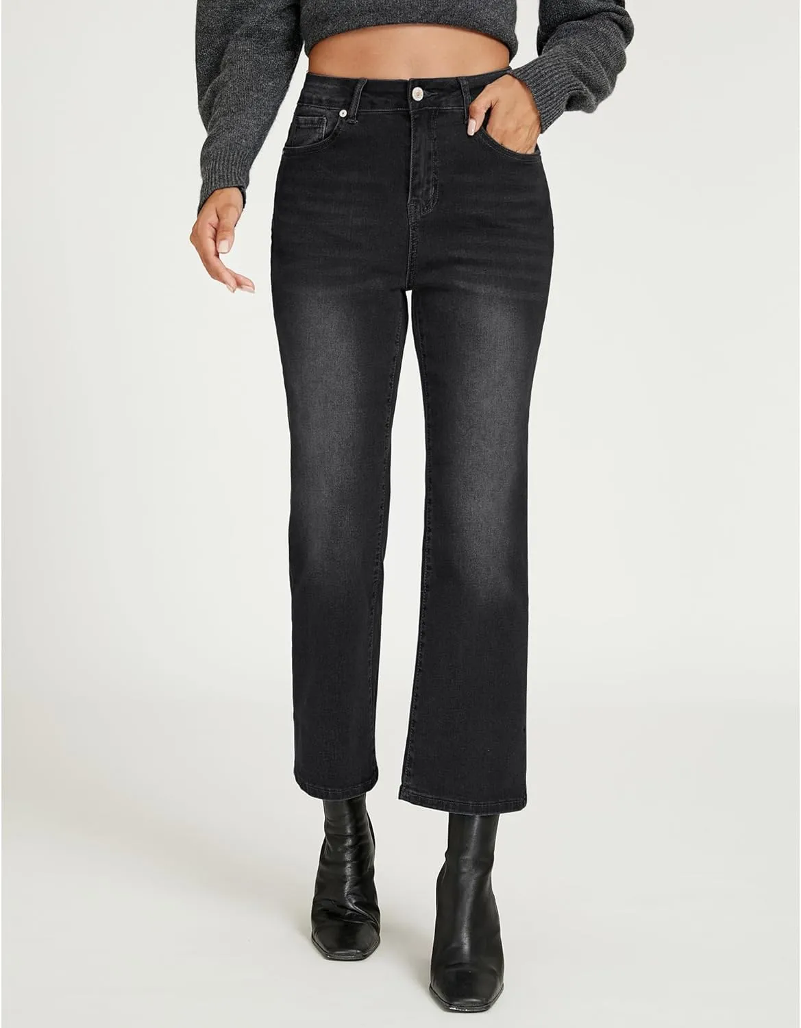 LookbookStore Cropped Jeans for Women High Waisted 90s Baggy Straight Stretchy Denim Pants Trendy Jeans with Pockets