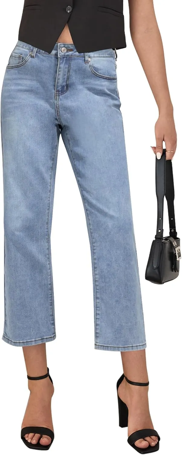 LookbookStore Cropped Jeans for Women High Waisted 90s Baggy Straight Stretchy Denim Pants Trendy Jeans with Pockets