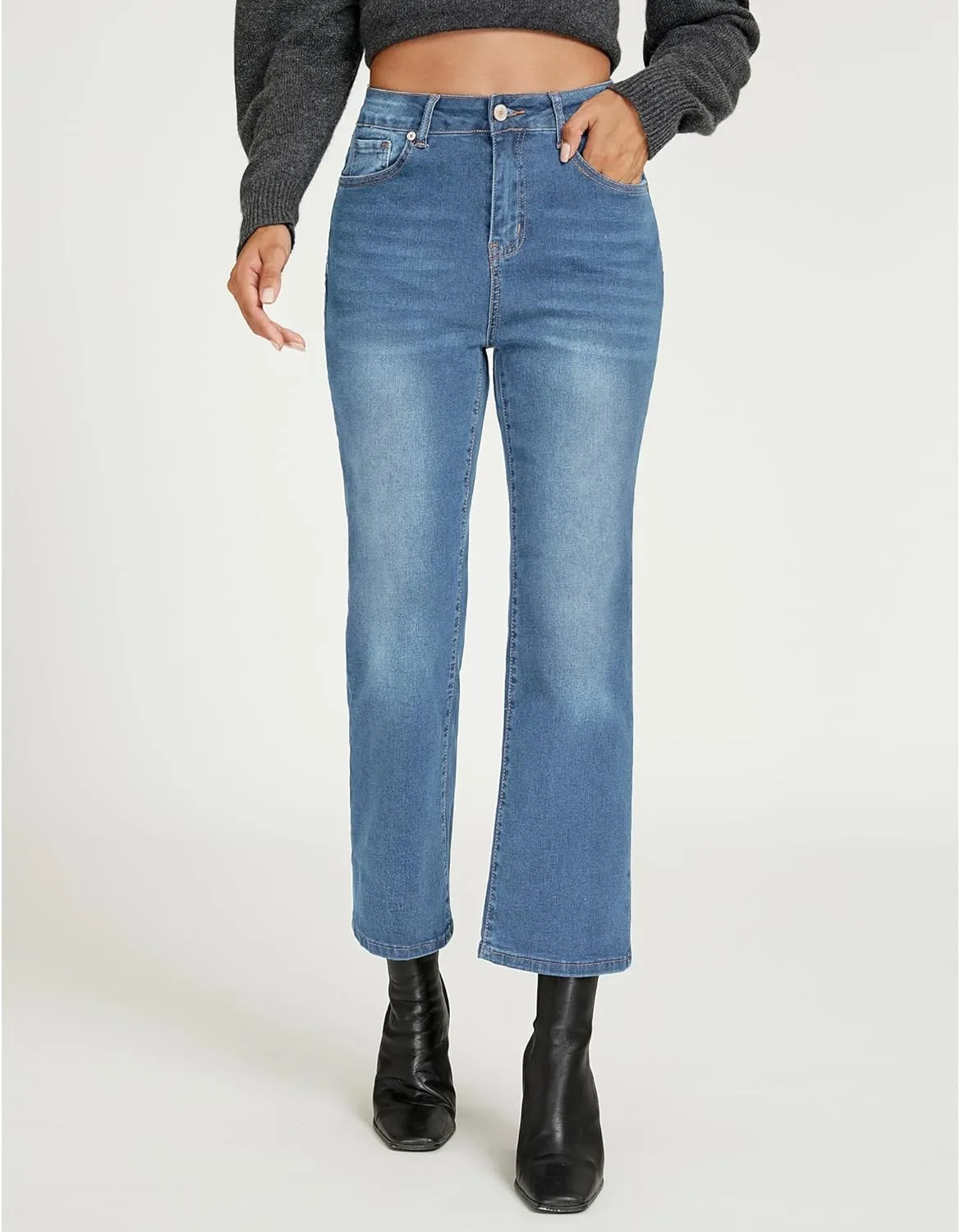 LookbookStore Cropped Jeans for Women High Waisted 90s Baggy Straight Stretchy Denim Pants Trendy Jeans with Pockets
