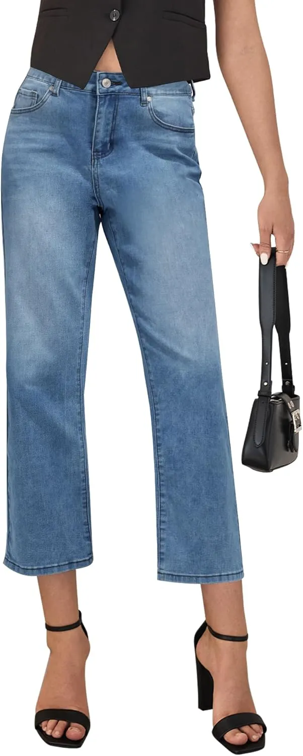 LookbookStore Cropped Jeans for Women High Waisted 90s Baggy Straight Stretchy Denim Pants Trendy Jeans with Pockets