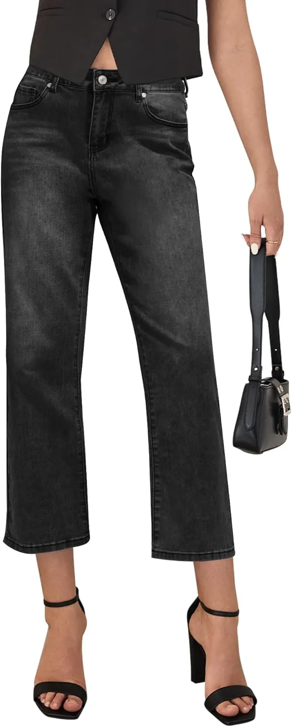 LookbookStore Cropped Jeans for Women High Waisted 90s Baggy Straight Stretchy Denim Pants Trendy Jeans with Pockets