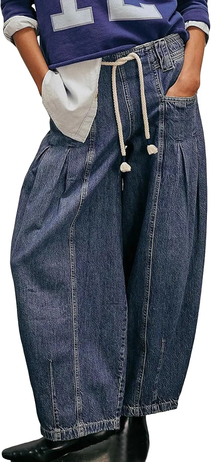 loveimgs Women Oversized Baggy Barrel Jeans Elastic Waist Y2k Low Rise Jeans Drawstring Wide Leg Denim Pants Cargo Boyfriend