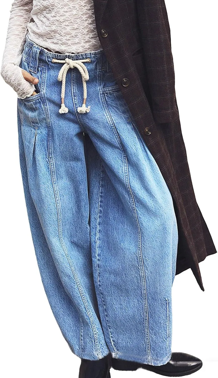 loveimgs Women Oversized Baggy Barrel Jeans Elastic Waist Y2k Low Rise Jeans Drawstring Wide Leg Denim Pants Cargo Boyfriend