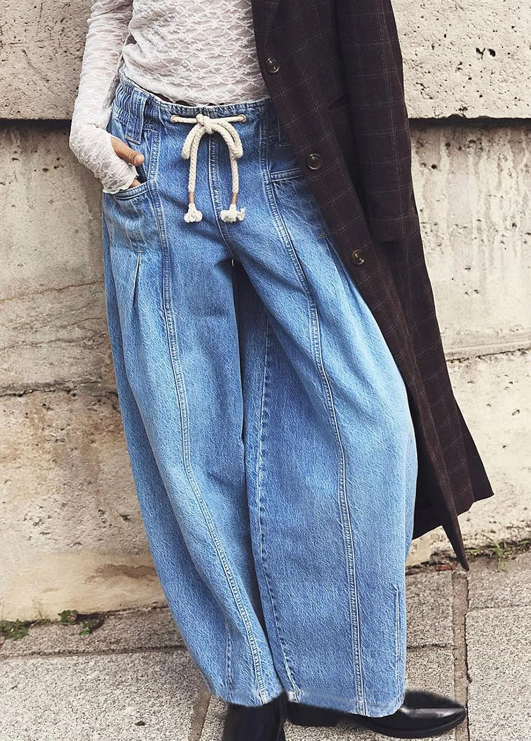 loveimgs Women Oversized Baggy Barrel Jeans Elastic Waist Y2k Low Rise Jeans Drawstring Wide Leg Denim Pants Cargo Boyfriend