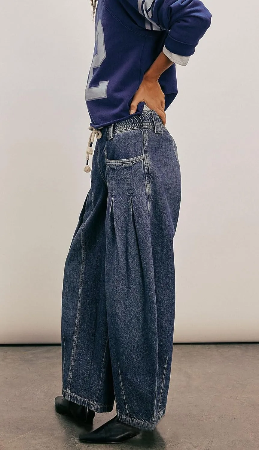 loveimgs Women Oversized Baggy Barrel Jeans Elastic Waist Y2k Low Rise Jeans Drawstring Wide Leg Denim Pants Cargo Boyfriend