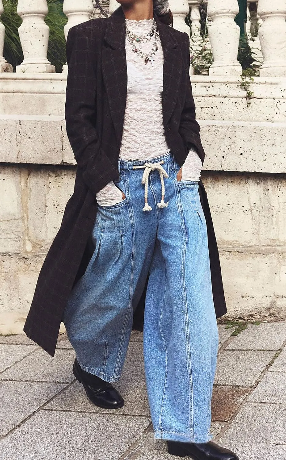 loveimgs Women Oversized Baggy Barrel Jeans Elastic Waist Y2k Low Rise Jeans Drawstring Wide Leg Denim Pants Cargo Boyfriend