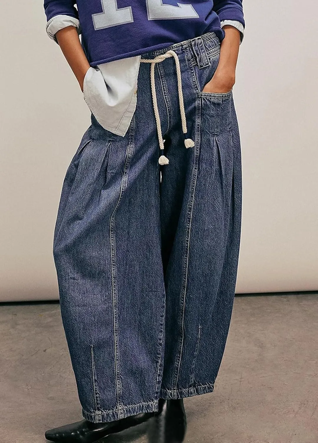 loveimgs Women Oversized Baggy Barrel Jeans Elastic Waist Y2k Low Rise Jeans Drawstring Wide Leg Denim Pants Cargo Boyfriend