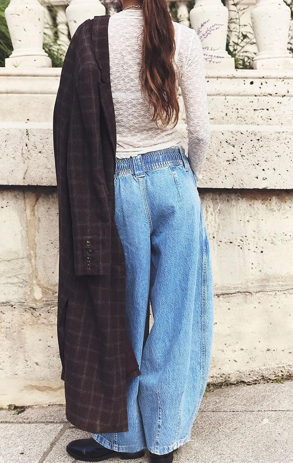 loveimgs Women Oversized Baggy Barrel Jeans Elastic Waist Y2k Low Rise Jeans Drawstring Wide Leg Denim Pants Cargo Boyfriend