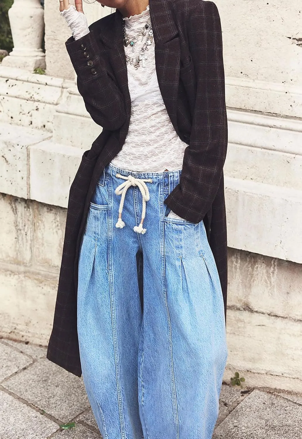 loveimgs Women Oversized Baggy Barrel Jeans Elastic Waist Y2k Low Rise Jeans Drawstring Wide Leg Denim Pants Cargo Boyfriend