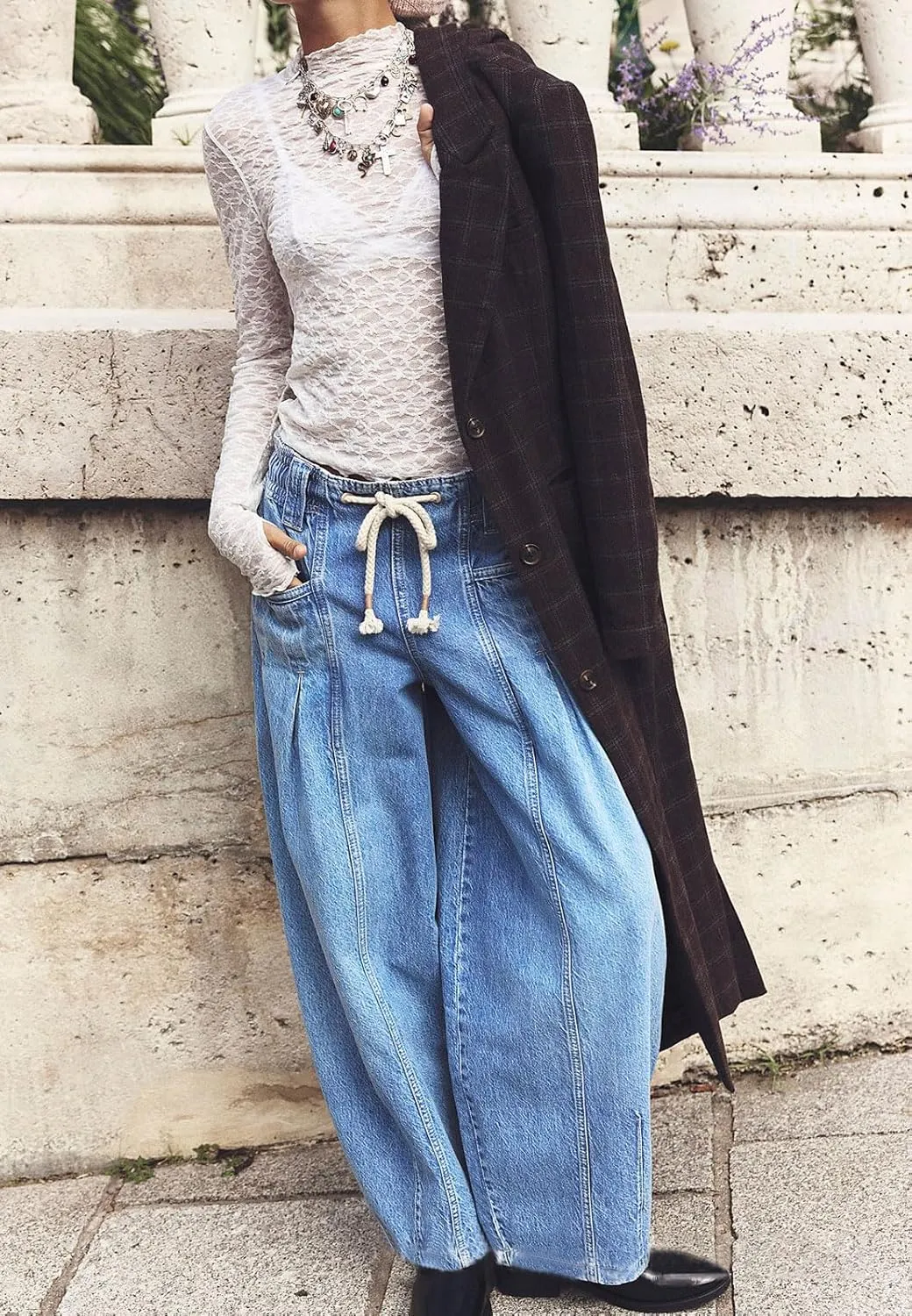 loveimgs Women Oversized Baggy Barrel Jeans Elastic Waist Y2k Low Rise Jeans Drawstring Wide Leg Denim Pants Cargo Boyfriend